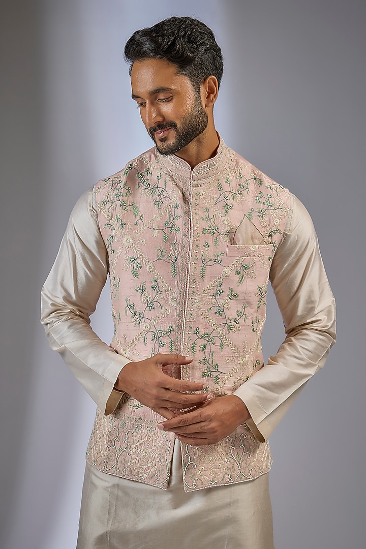 Pink Raw Silk Thread Embroidered Nehru Jacket by Anushree Reddy Men at Pernia's Pop Up Shop