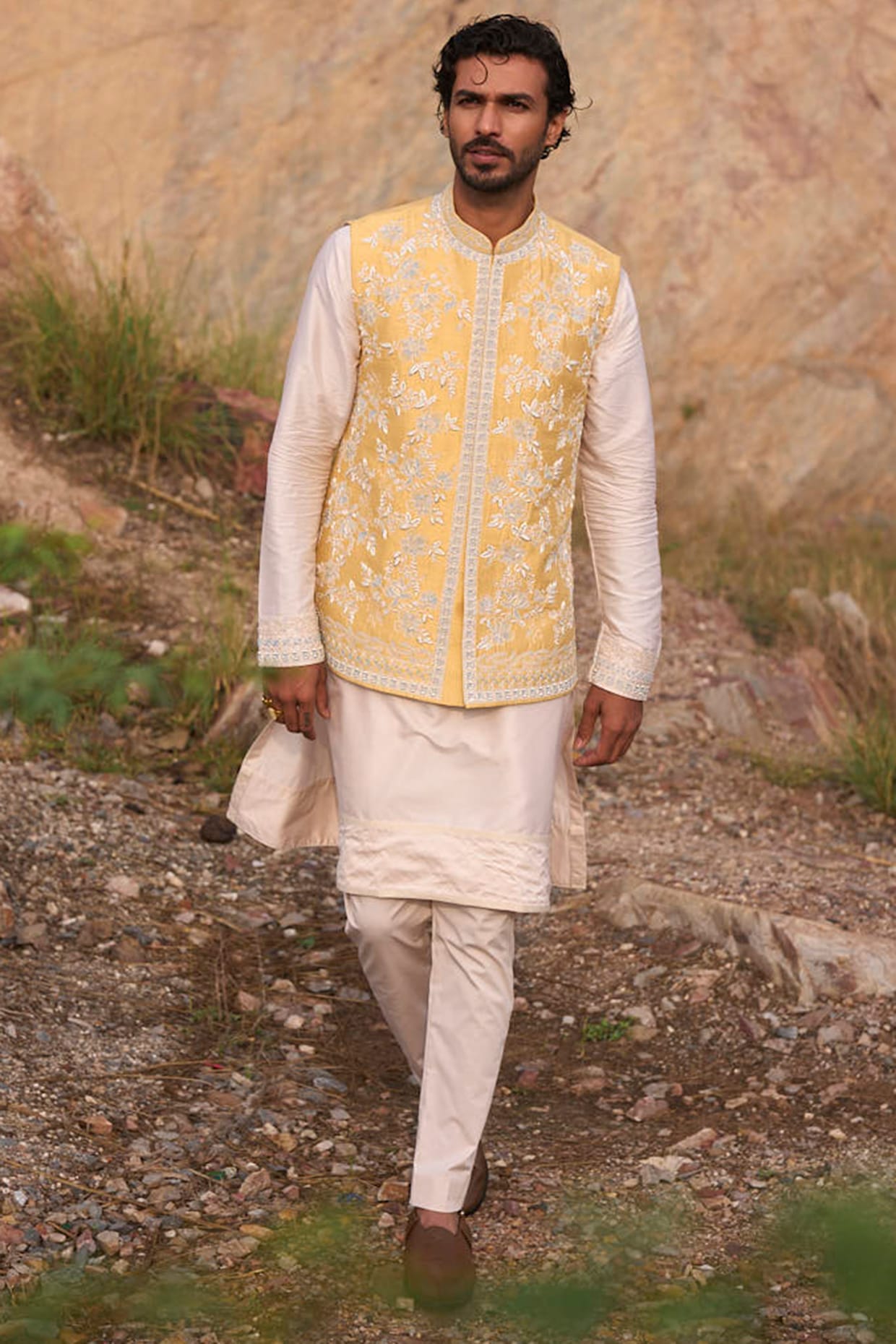 Anushree Reddy Summer Yellow Raw Silk Thread Embroidered Bundi Jacket Set
