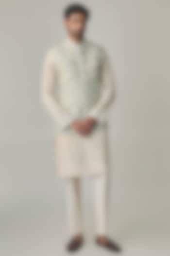 Mint Green Silk Bundi Jacket Set by Anushree Reddy Men at Pernia's Pop Up Shop