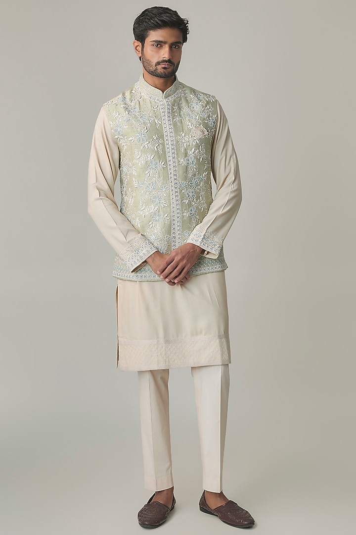 Mint Green Silk Bundi Jacket Set by Anushree Reddy Men at Pernia's Pop Up Shop