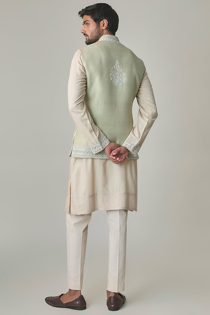 Mint Green Silk Bundi Jacket Set by Anushree Reddy Men at Pernia's Pop Up Shop