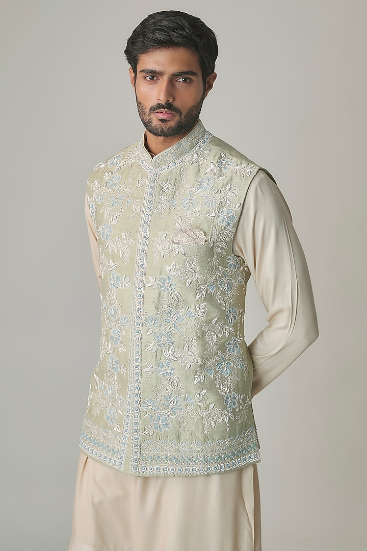 Mint Green Silk Bundi Jacket Set by Anushree Reddy Men at Pernia's Pop Up Shop