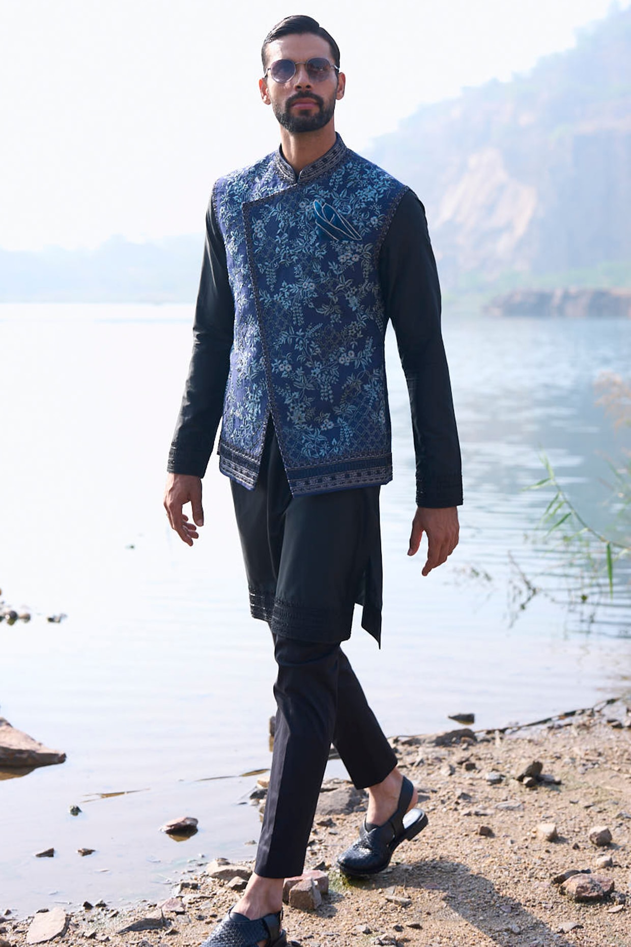 Anushree Reddy Midnight Blue Raw Silk Thread Embroidered Bundi Jacket Set