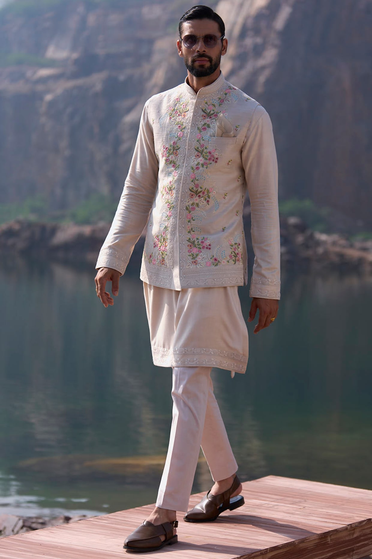 Anushree Reddy Ivory Raw Silk Thread Embroidered Bundi Jacket Set