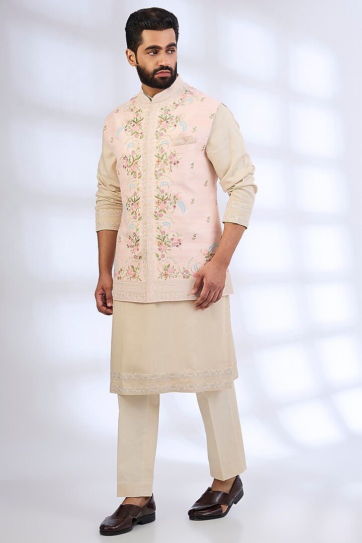 Soft Pink Raw Silk Nehru Jacket Set by Anushree Reddy Men at Pernia's Pop Up Shop