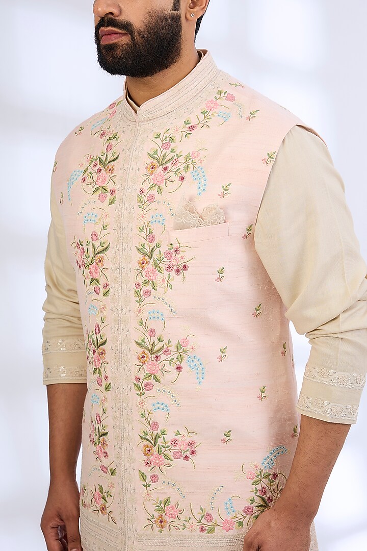 Soft Pink Raw Silk Nehru Jacket Set by Anushree Reddy Men at Pernia's Pop Up Shop