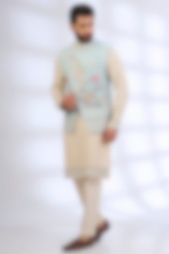 Aqua Blue Raw Silk Nehru Jacket Set by Anushree Reddy Men at Pernia's Pop Up Shop