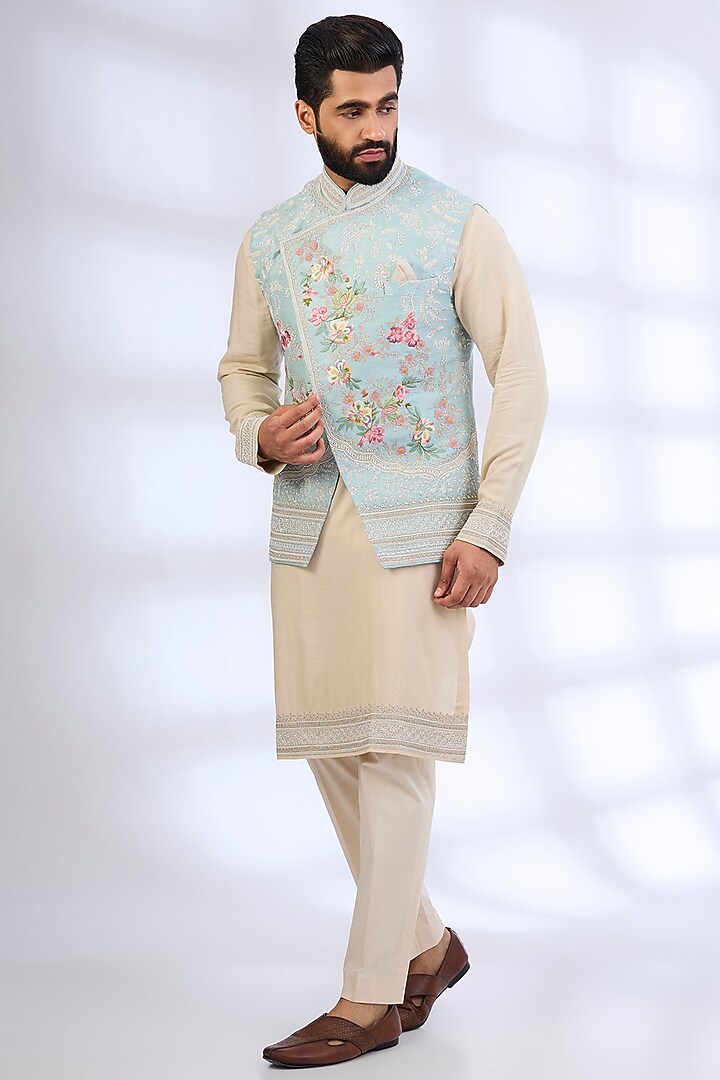 Aqua Blue Raw Silk Nehru Jacket Set by Anushree Reddy Men at Pernia's Pop Up Shop