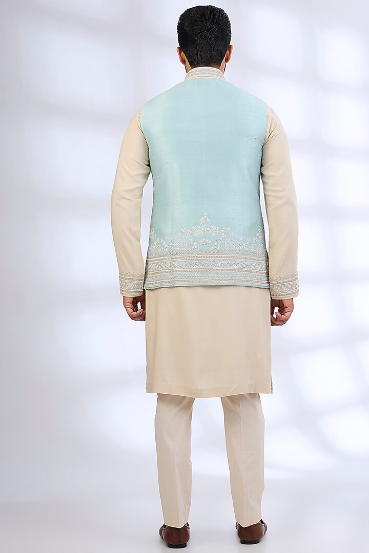 Aqua Blue Raw Silk Nehru Jacket Set by Anushree Reddy Men at Pernia's Pop Up Shop