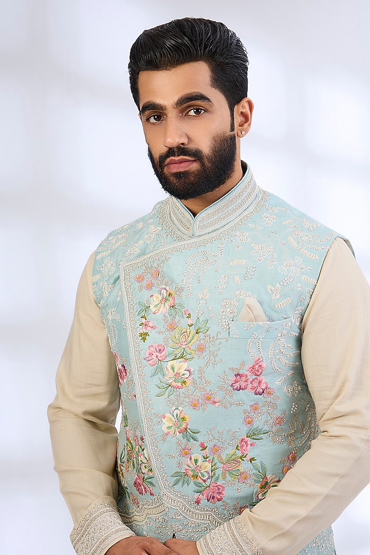 Aqua Blue Raw Silk Nehru Jacket Set by Anushree Reddy Men at Pernia's Pop Up Shop