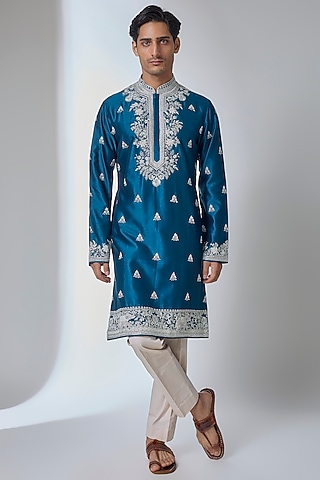 Midnight Blue Silk Kurta Set by Anushree Reddy Men