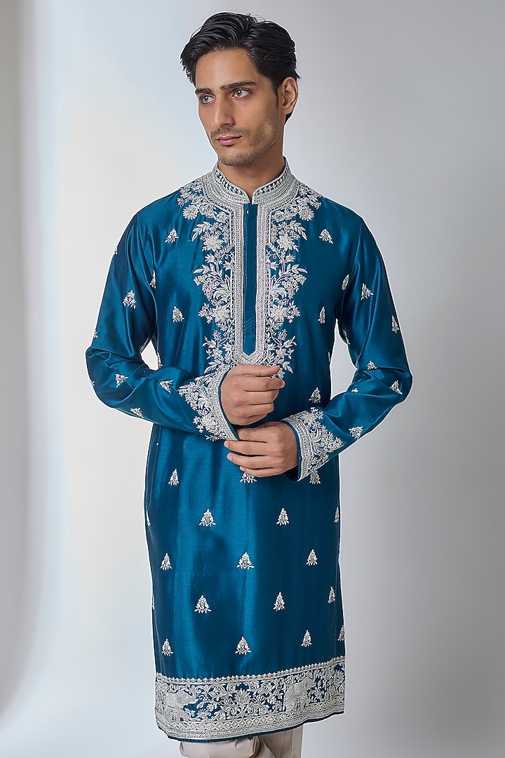 Midnight Blue Silk Kurta Set by Anushree Reddy Men at Pernia's Pop Up Shop