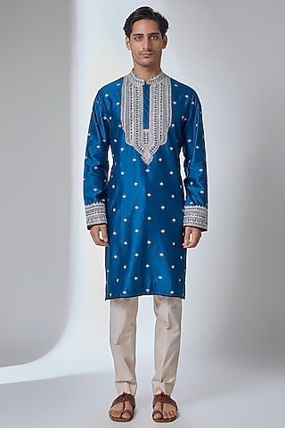 Navy Blue Silk Kurta Set by Anushree Reddy Men