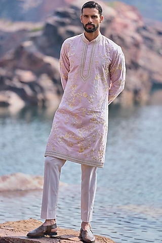 Lilac Silk Embroidered Kurta Set by Anushree Reddy Men