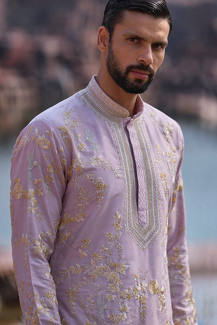 Lilac Silk Embroidered Kurta Set by Anushree Reddy Men at Pernia's Pop Up Shop