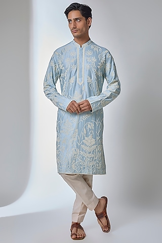 Powder Blue Silk Kurta Set by Anushree Reddy Men