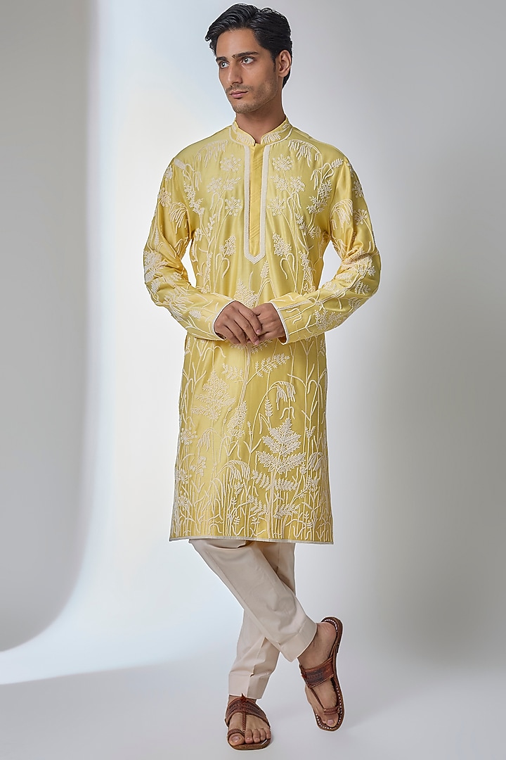 Summer Yellow Silk Kurta Set by Anushree Reddy Men at Pernia's Pop Up Shop