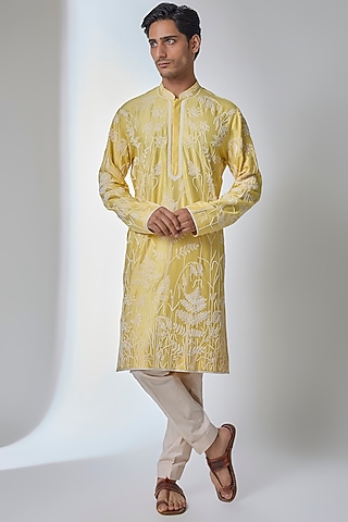 Summer Yellow Silk Kurta Set by Anushree Reddy Men