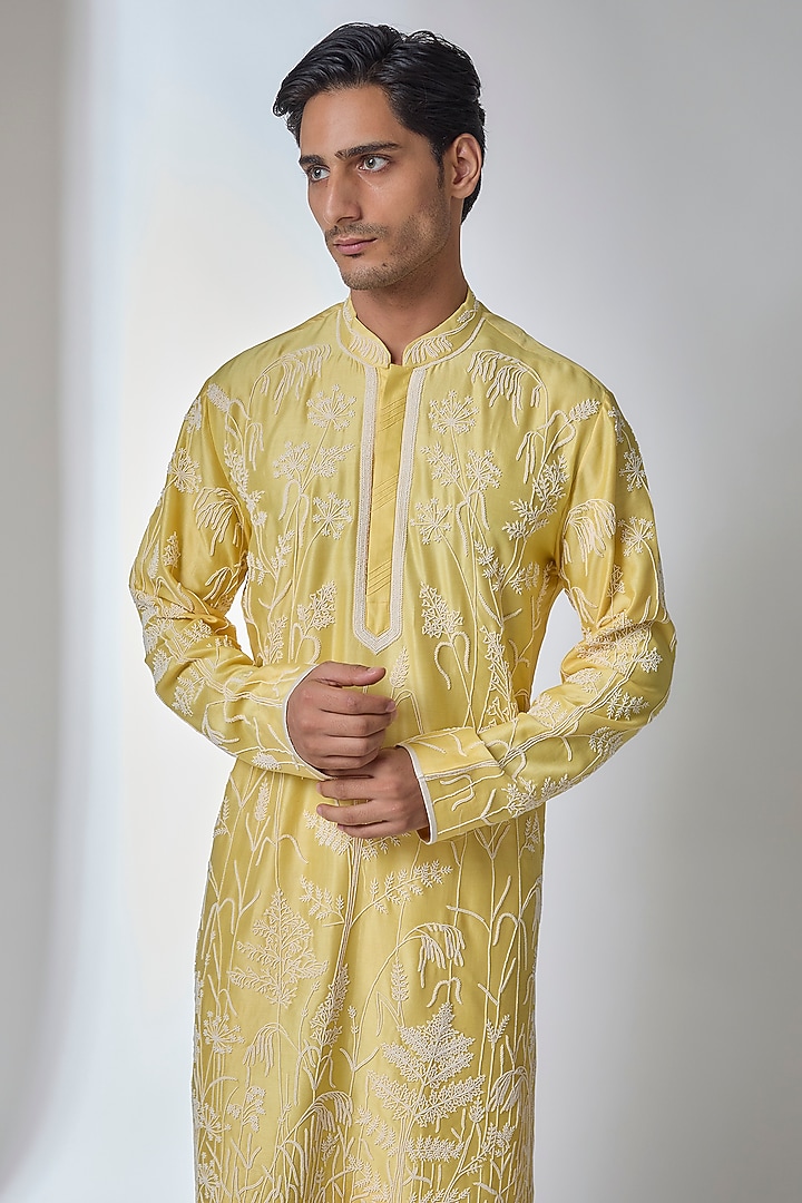 Summer Yellow Silk Kurta Set by Anushree Reddy Men at Pernia's Pop Up Shop