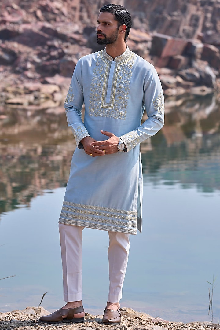 Powder Blue Chanderi Zardosi Embroidered Kurta Set by Anushree Reddy Men at Pernia's Pop Up Shop