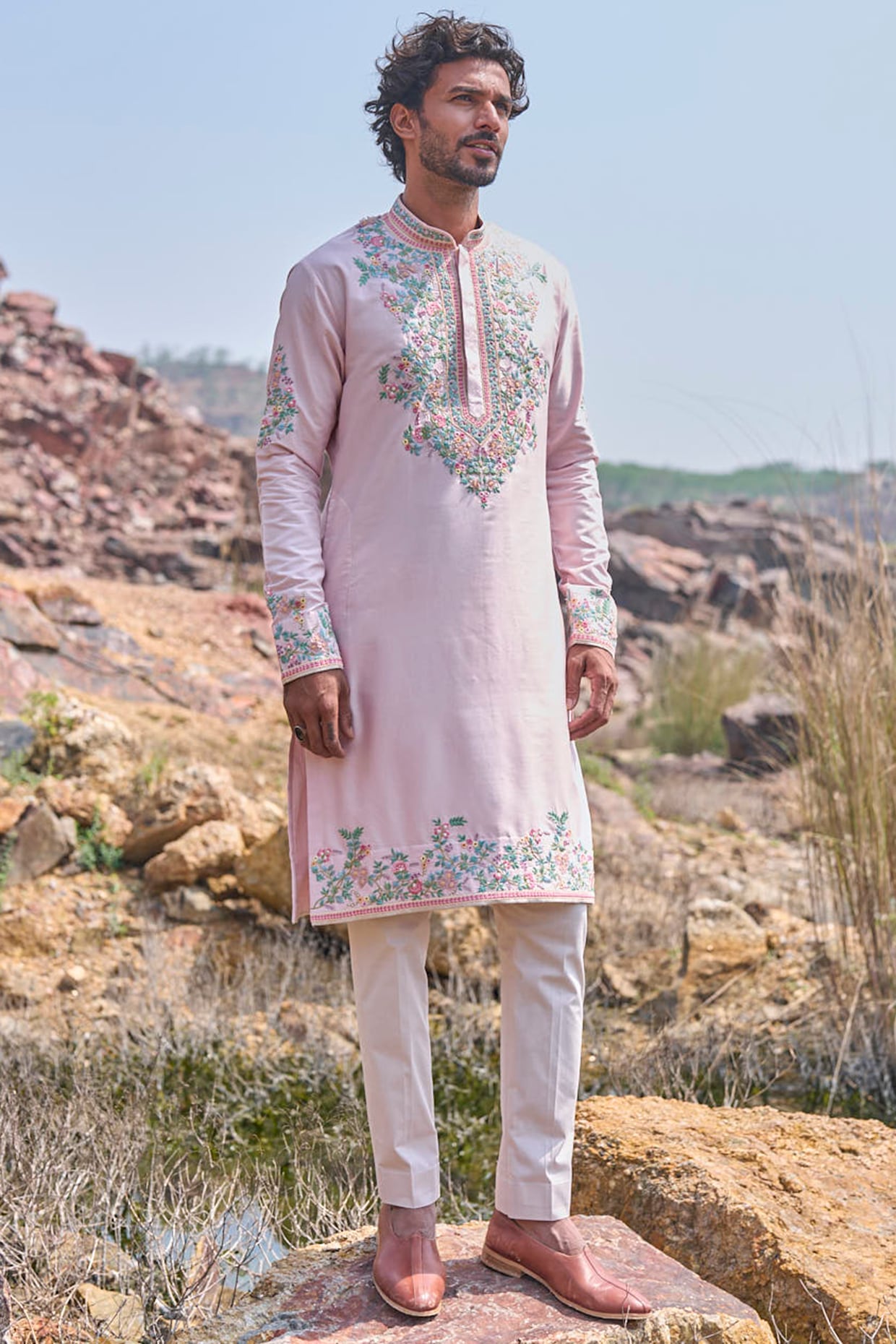 Anushree Reddy Soft Pink Silk Thread Embroidered Kurta Set