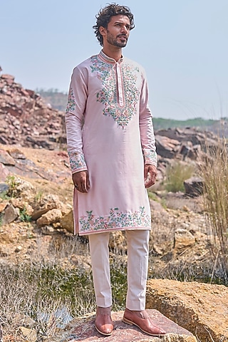 Soft Pink Silk Thread Embroidered Kurta Set by Anushree Reddy Men