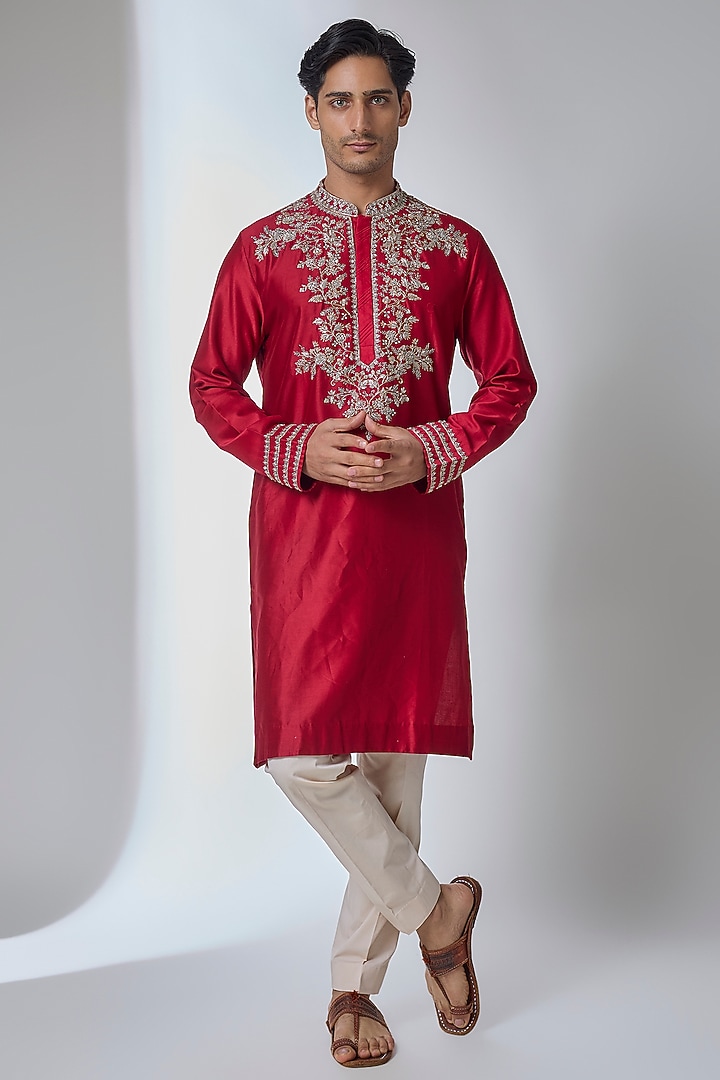 Red Silk Kurta Set by Anushree Reddy Men at Pernia's Pop Up Shop