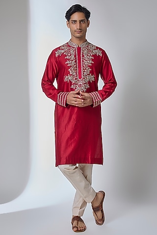 Red Silk Kurta Set by Anushree Reddy Men
