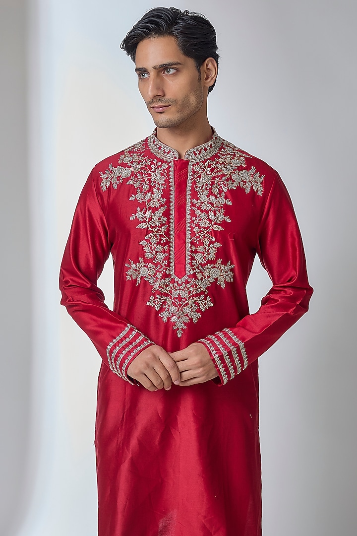 Red Silk Kurta Set by Anushree Reddy Men at Pernia's Pop Up Shop