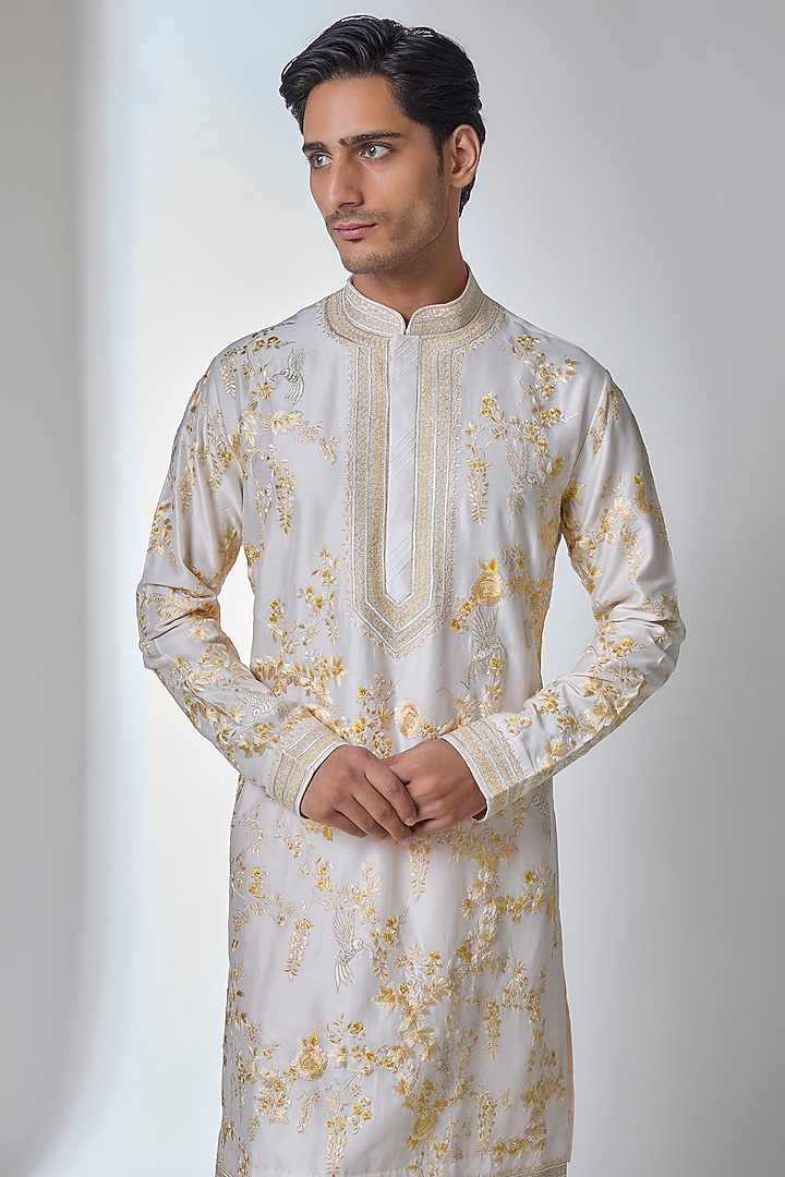 Ivory Silk Kurta Set by Anushree Reddy Men at Pernia's Pop Up Shop