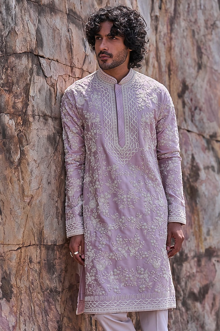 Lilac Silk Embroidered Kurta Set by Anushree Reddy Men at Pernia's Pop Up Shop