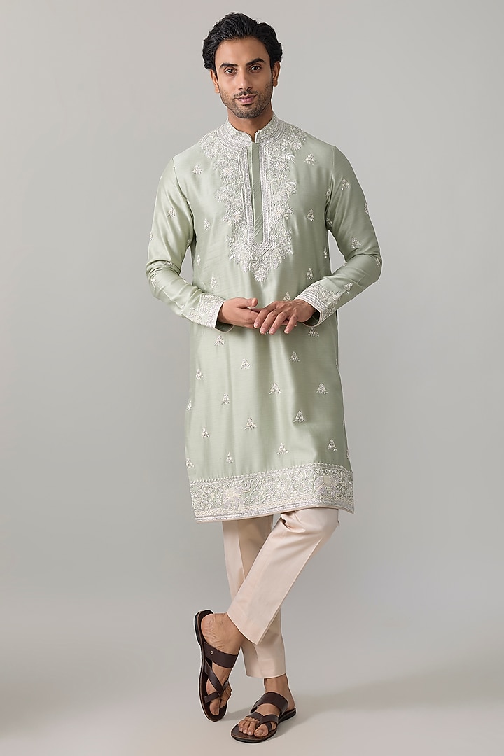 Sage Green Silk Kurta Set by Anushree Reddy Men at Pernia's Pop Up Shop