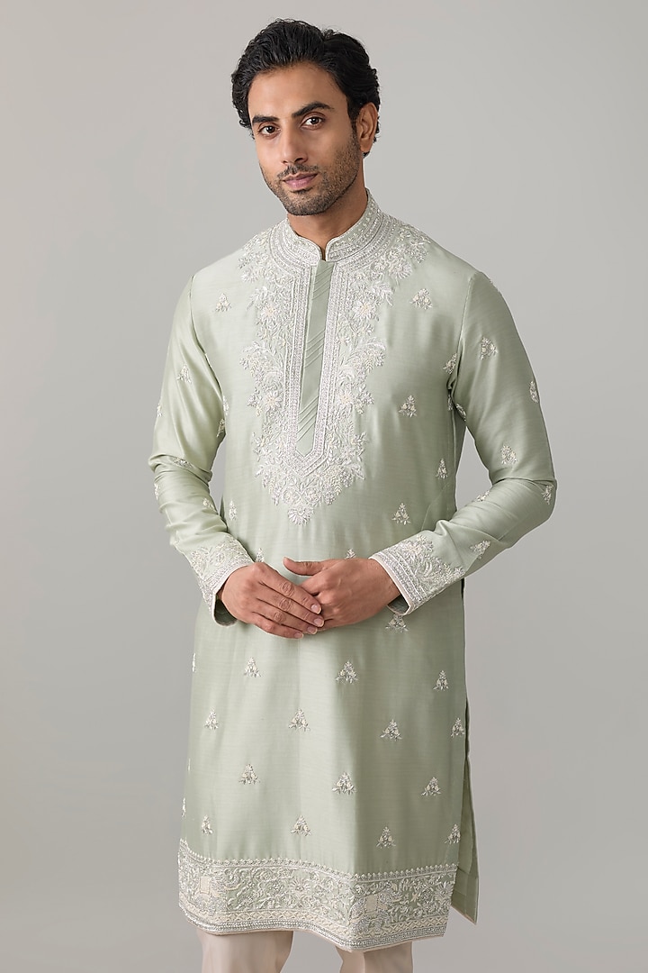 Sage Green Silk Kurta Set by Anushree Reddy Men at Pernia's Pop Up Shop