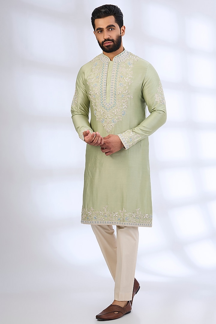 Mint Green Silk Kurta Set by Anushree Reddy Men at Pernia's Pop Up Shop