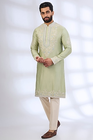Mint Green Silk Kurta Set by Anushree Reddy Men