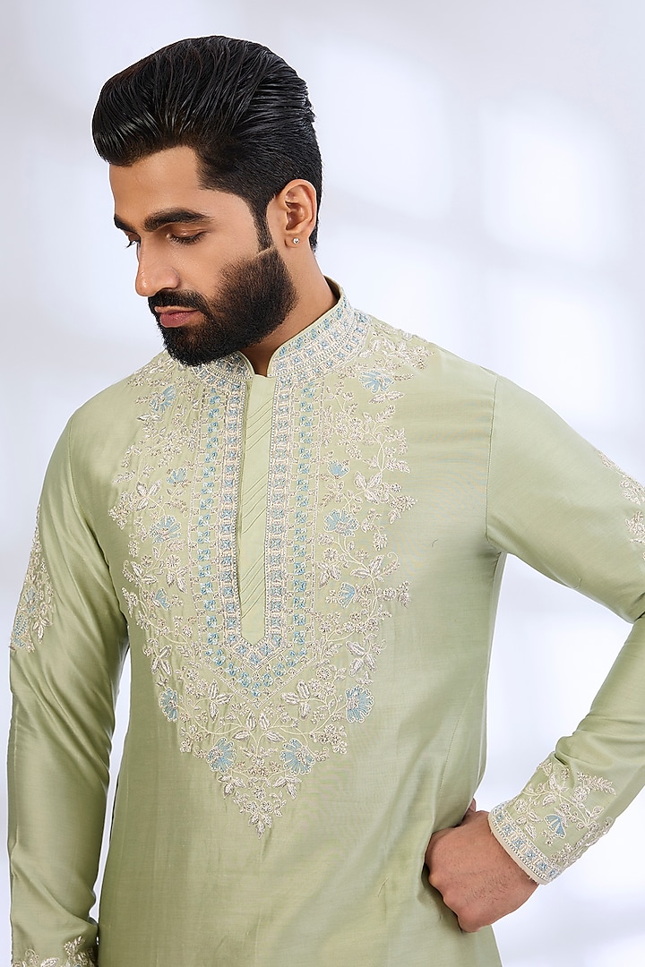 Mint Green Silk Kurta Set by Anushree Reddy Men at Pernia's Pop Up Shop