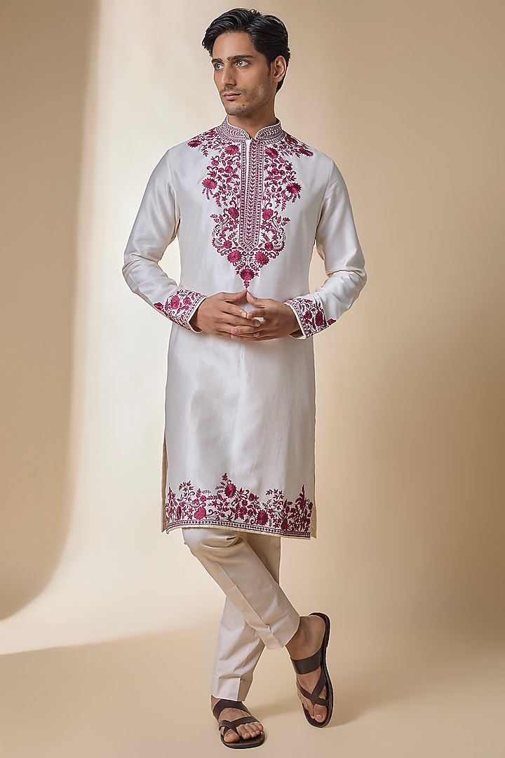 Ivory Silk Kurta Set by Anushree Reddy Men at Pernia's Pop Up Shop