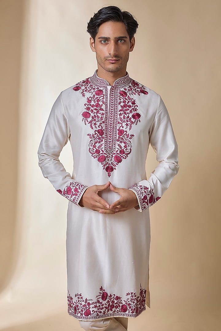 Ivory Silk Kurta Set by Anushree Reddy Men at Pernia's Pop Up Shop