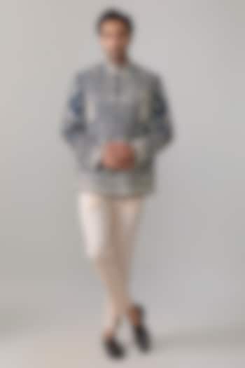 Midnight Blue Raw Silk Groom Bandhgala Set by Anushree Reddy Men at Pernia's Pop Up Shop
