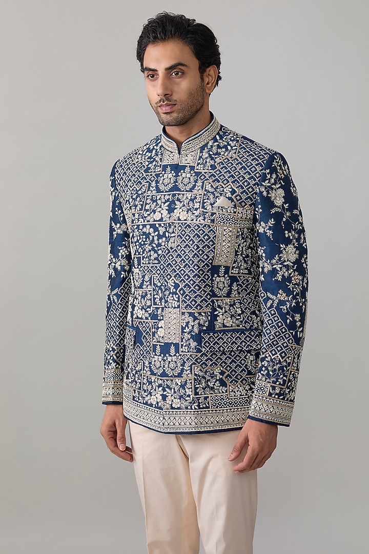 Midnight Blue Raw Silk Groom Bandhgala Set by Anushree Reddy Men at Pernia's Pop Up Shop