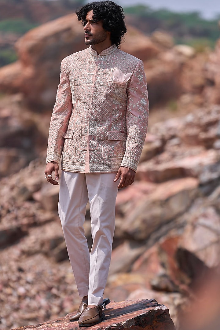 Dusty Rose Raw Silk Zardosi Embroidered Groom Bandhgala Set by Anushree Reddy Men at Pernia's Pop Up Shop