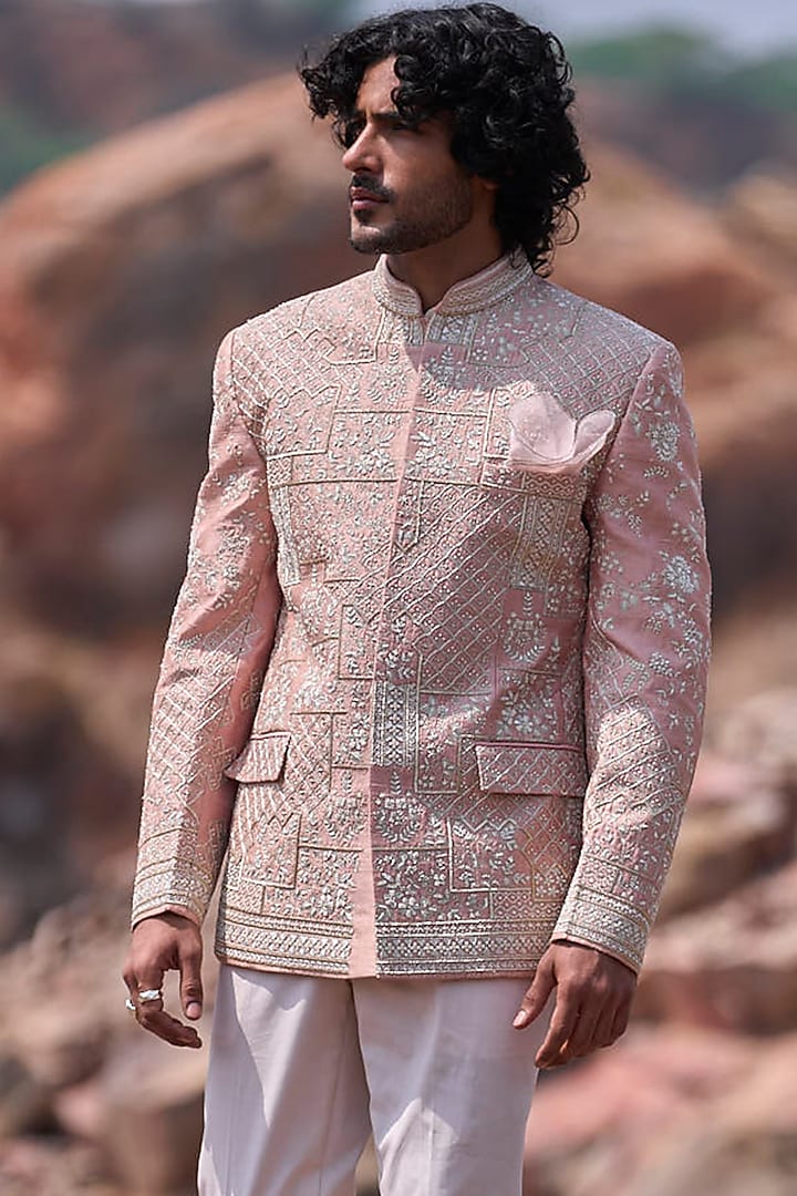 Dusty Rose Raw Silk Zardosi Embroidered Groom Bandhgala Set by Anushree Reddy Men at Pernia's Pop Up Shop