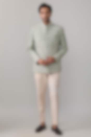 Sage Green Raw Silk Groom Bandhgala Set by Anushree Reddy Men at Pernia's Pop Up Shop