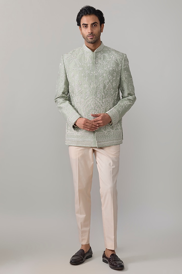 Sage Green Raw Silk Groom Bandhgala Set by Anushree Reddy Men at Pernia's Pop Up Shop