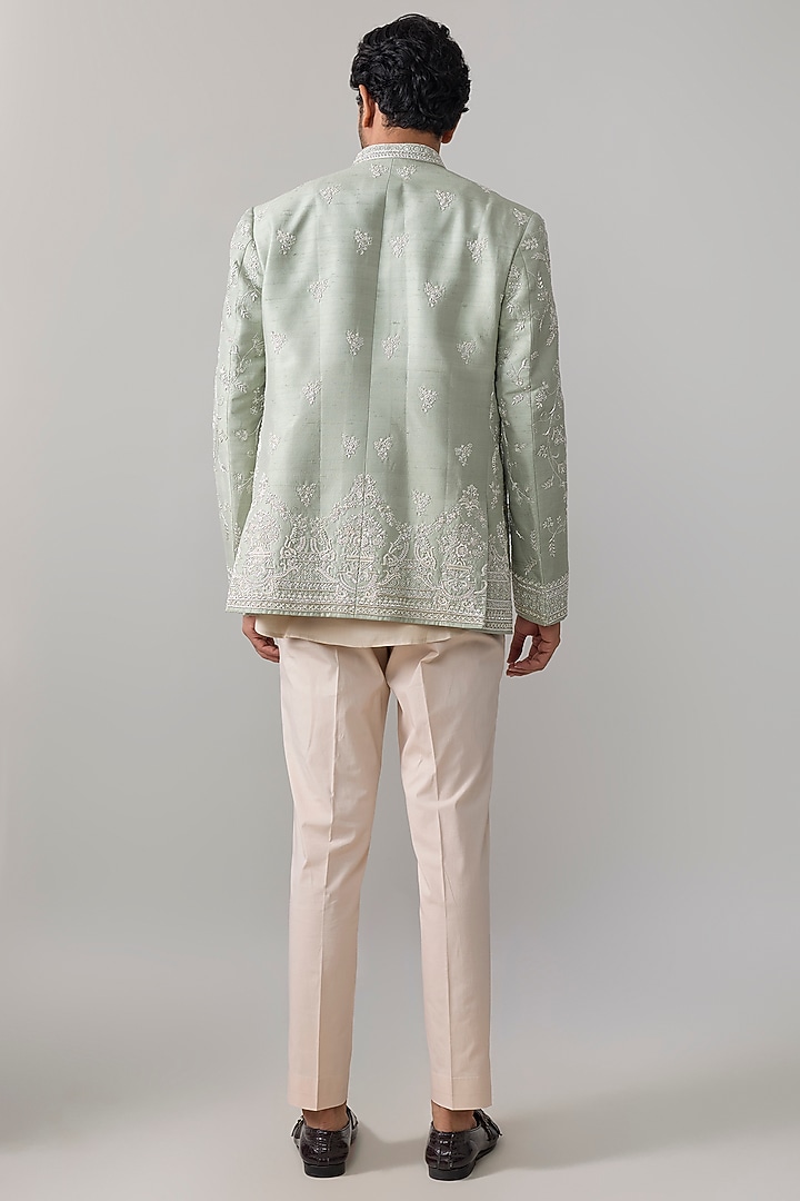 Sage Green Raw Silk Groom Bandhgala Set by Anushree Reddy Men at Pernia's Pop Up Shop