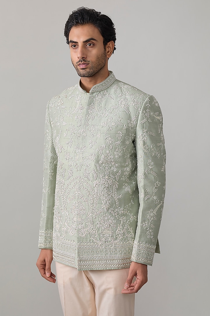 Sage Green Raw Silk Groom Bandhgala Set by Anushree Reddy Men at Pernia's Pop Up Shop