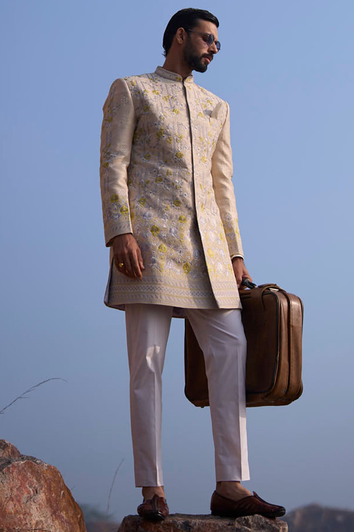 Anushree Reddy Dull Ivory Raw Silk Thread Embroidered Sherwani Set