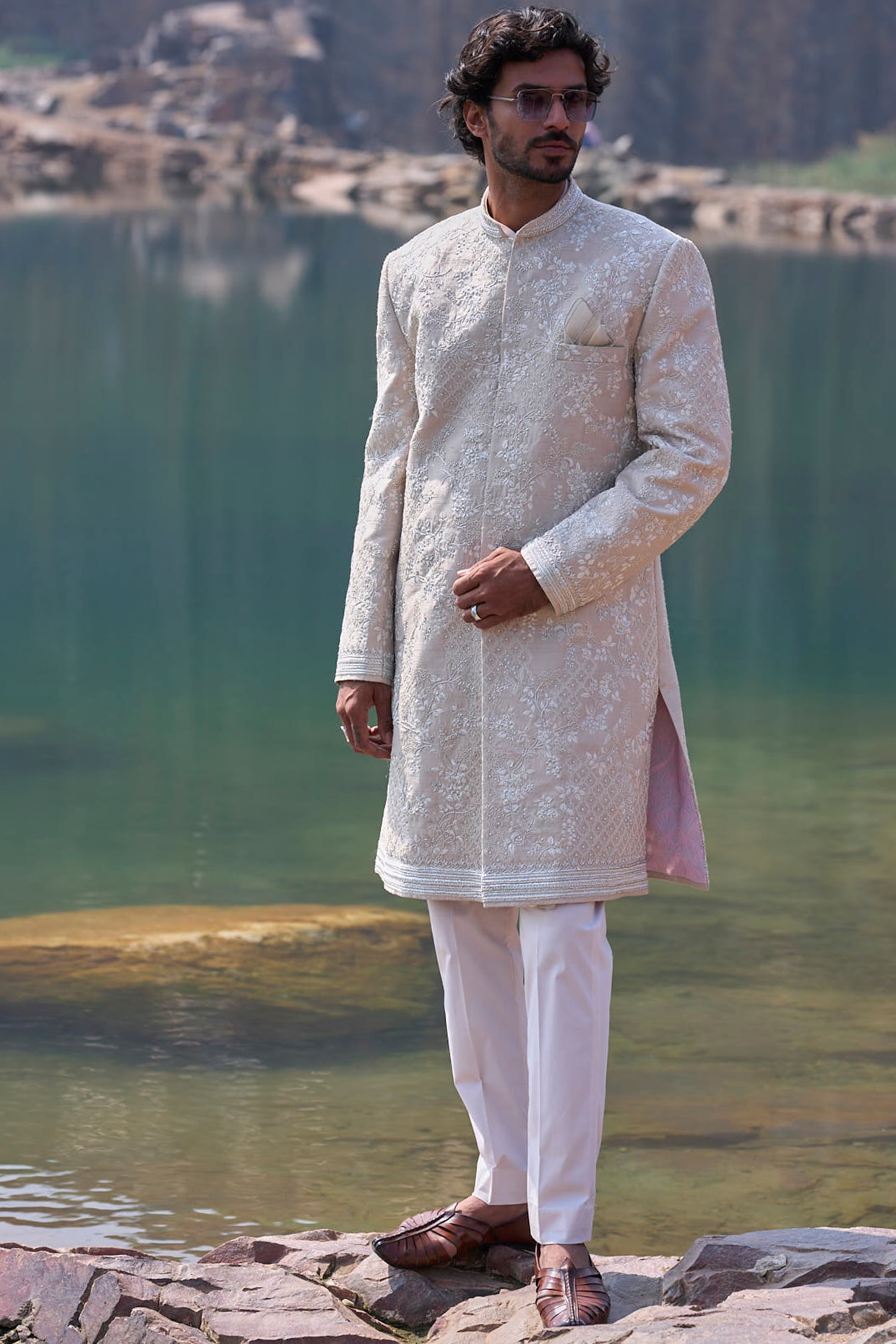 Anushree Reddy Ivory Raw Silk Zardosi Embroidered Sherwani Set