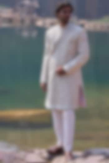 Ivory Raw Silk Zardosi Embroidered Groom Sherwani Set by Anushree Reddy Men at Pernia's Pop Up Shop