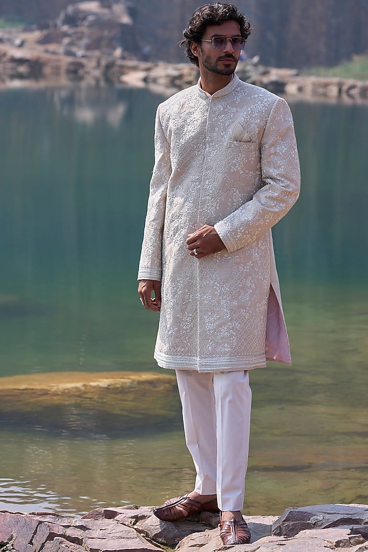 Ivory Raw Silk Zardosi Embroidered Groom Sherwani Set by Anushree Reddy Men at Pernia's Pop Up Shop